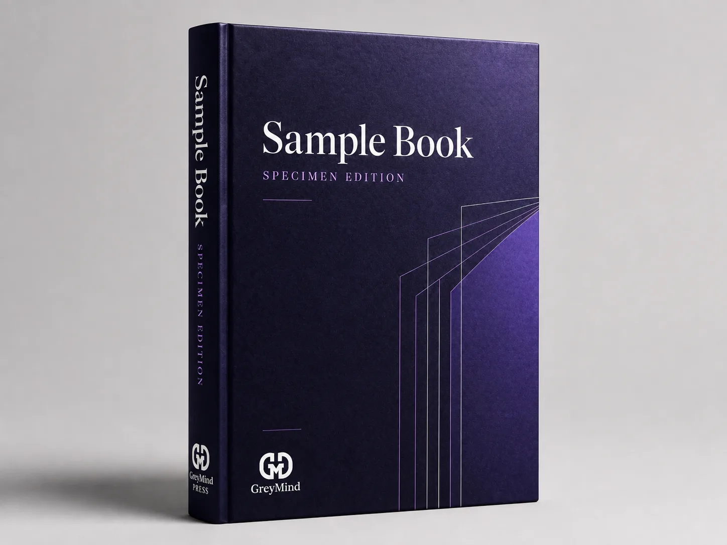 GreyMind Press Sample Book hardcover mockup showing the production-specimen book presentation